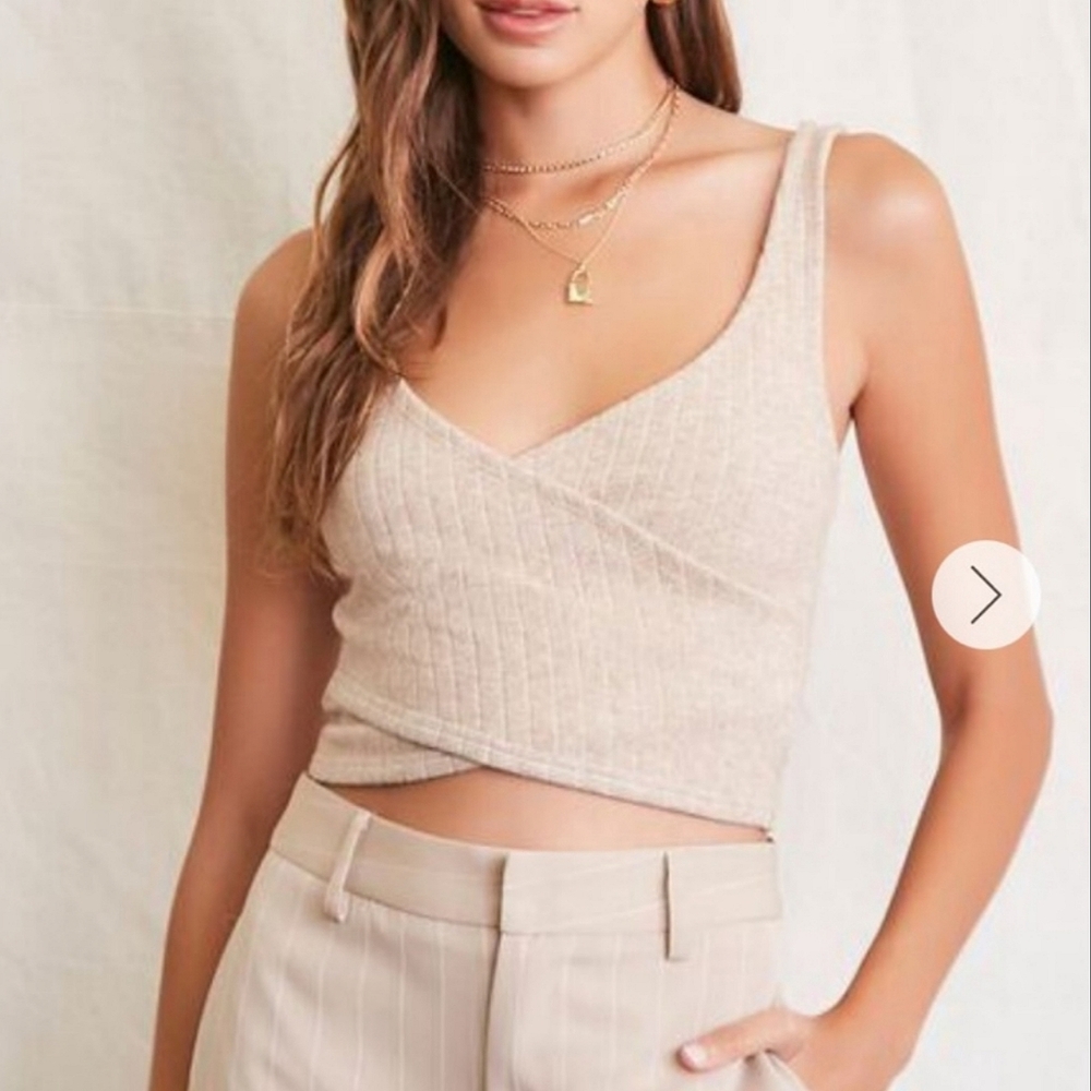 NWOT! Beige Rib Knot V-Neck Faux Wrap Tank